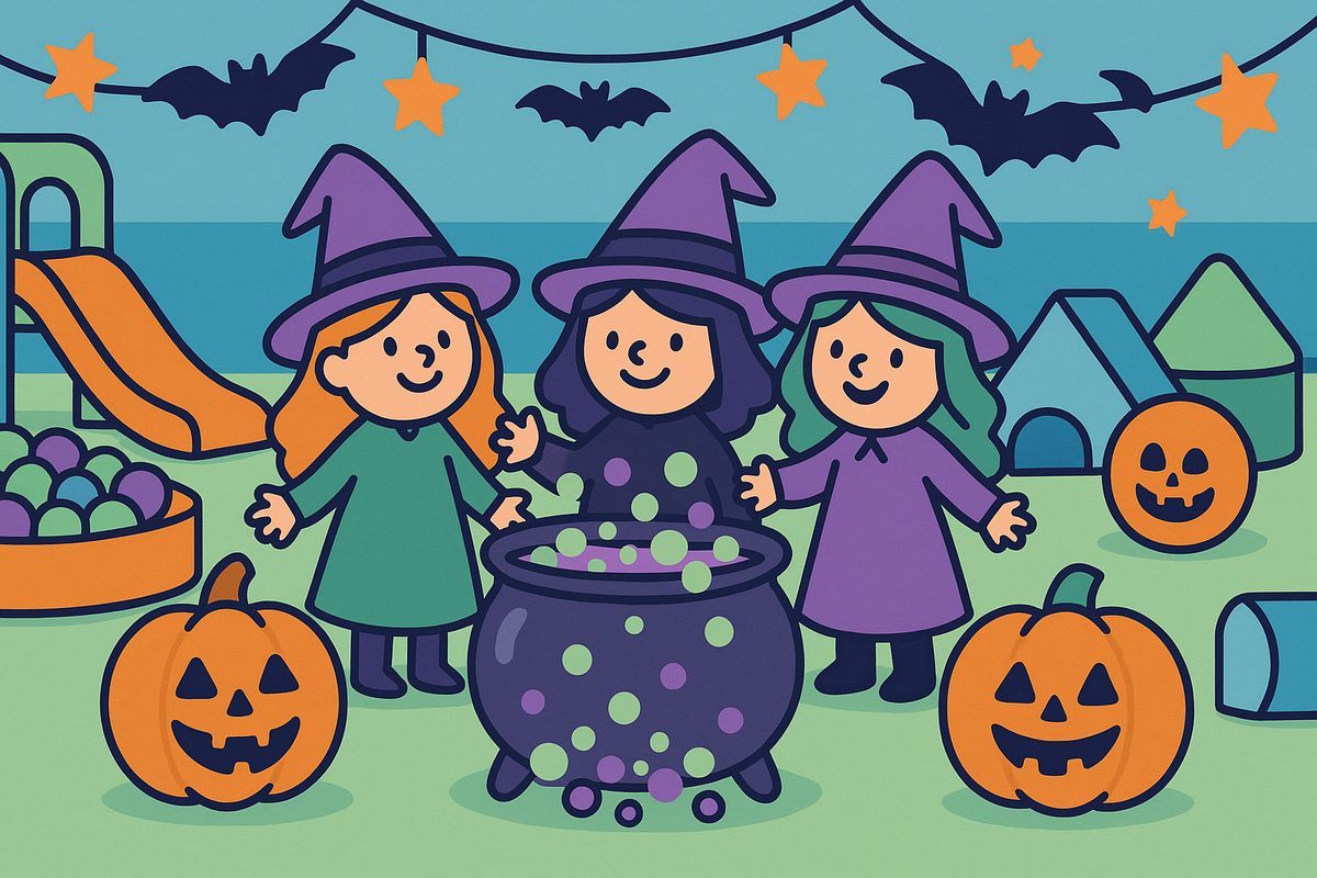 Illustrated Halloween party at Fun Street Glasgow with three friendly witches, a bubbling cauldron, pumpkins and soft play slides